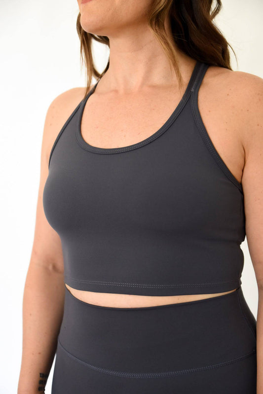 Anthem Sports Bra from Front view in Slate with scoop neckline