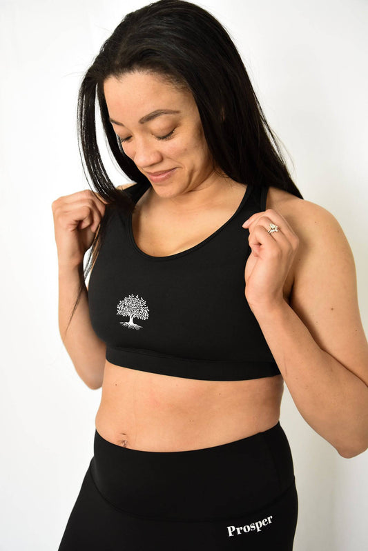 Athletic Sports Bra for high impact support and full coverage; front view with flourishing tree logo in center