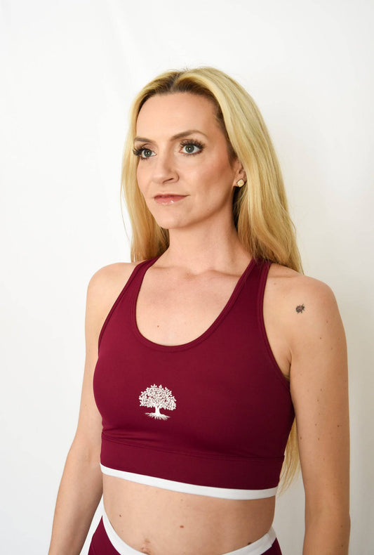 Contender Bra front view in Cranberry with tree logo in center