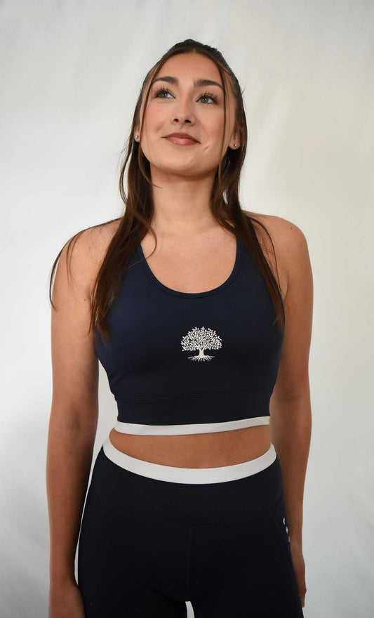 Contender Bra front view in Navy with Prosper Tree logo visible in center