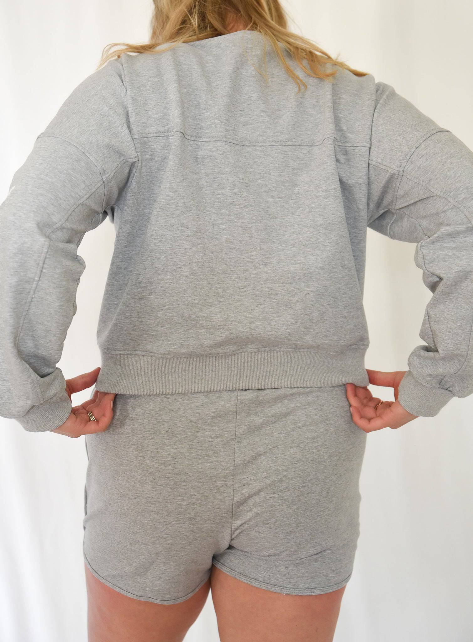 Cotton Dream Shorts in grey from rear view showing fit and length